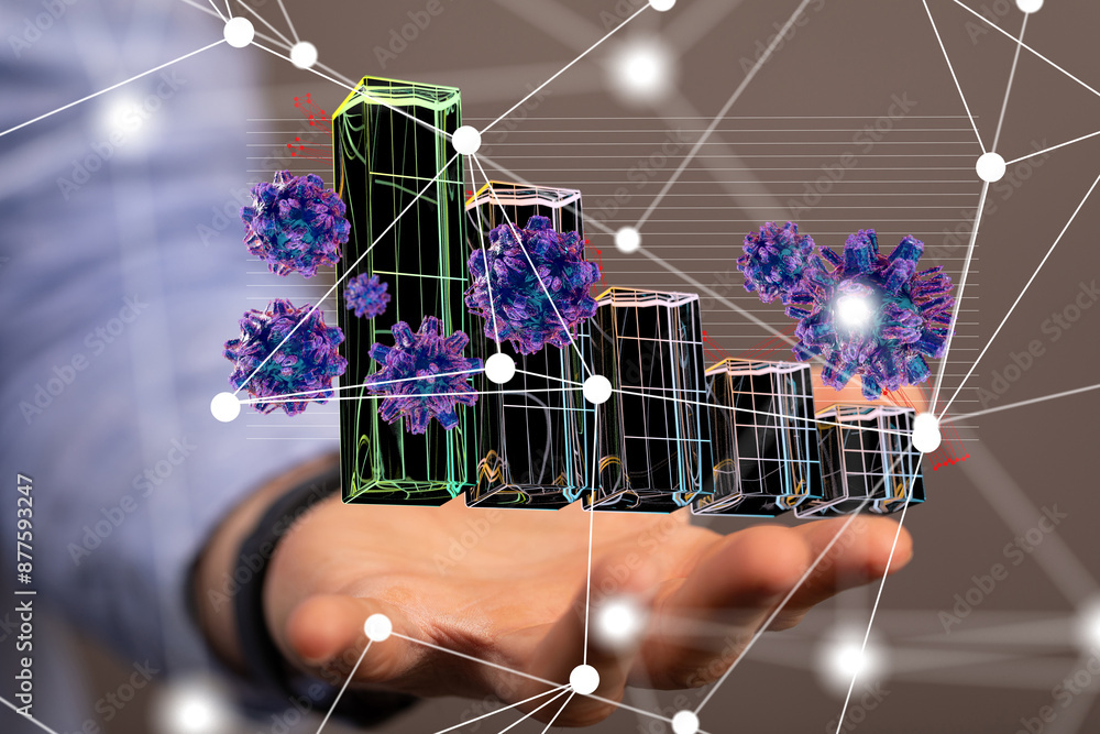 Poster virus connecting lines and dots.big data visualization - 3d