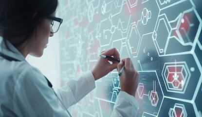 Female doctor drawing on futuristic medical interface screen