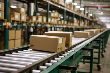 Cardboard boxes containing products are moving on a conveyor belt in a distribution warehouse
