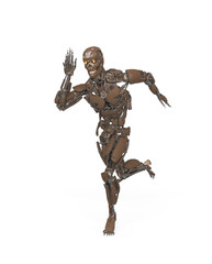 mega cyborg is running fast in action like a super hero in white background