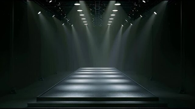 Empty catwalk with many spotlights, fashion event, runway podium stage	
