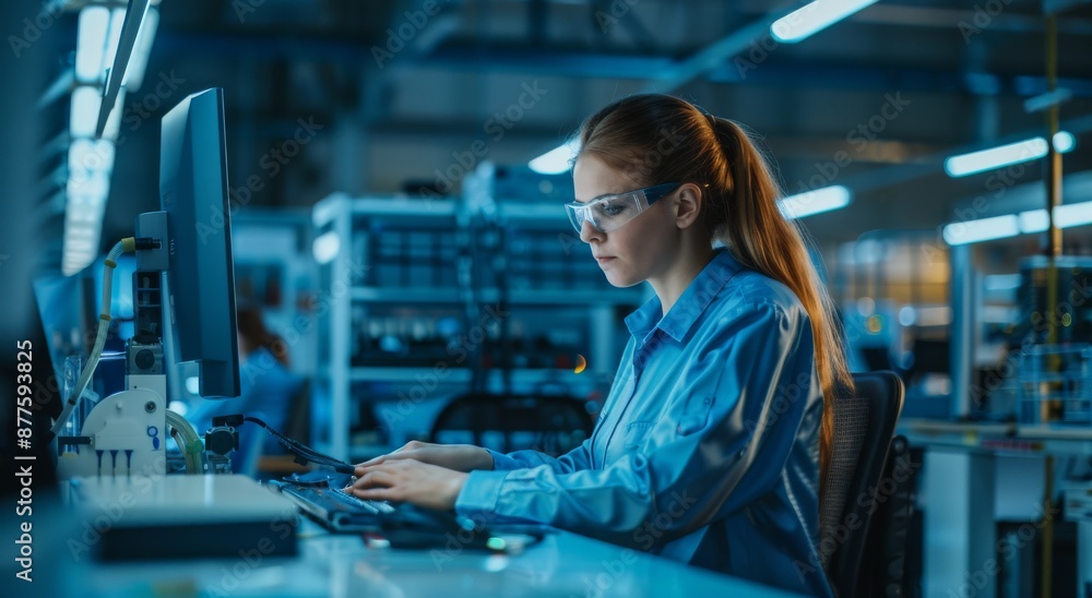 Poster female engineer working in a high-tech lab on a desktop computer