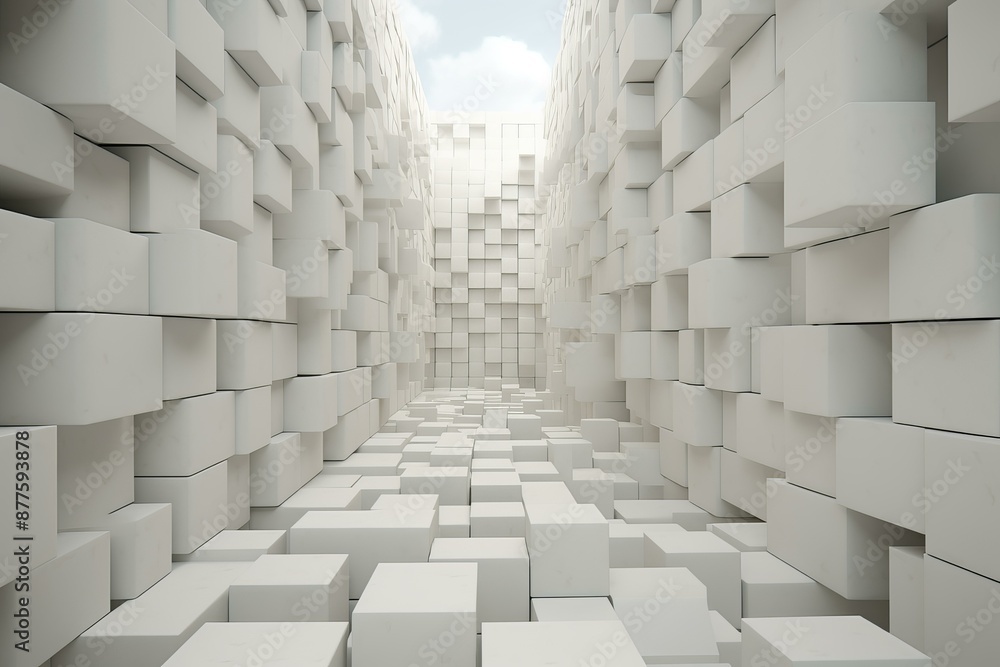 Poster 3d render of a white, geometric cube pattern with a perspective view