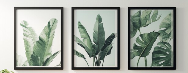 three black frames side by side on a white background, each frame has one large tropical leaf