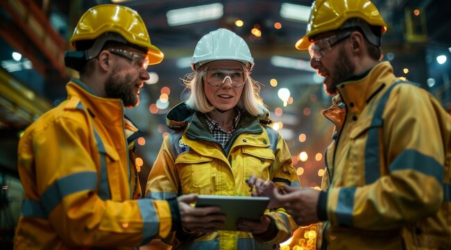 Industrial engineers discussing plans in a factory setting wearing safety gear