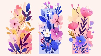 Fototapeta premium Set of Three Cute Flower Paintings with Pink, Purple, Blue Gradient Colors
