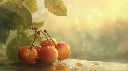   A cherry painting with water droplets on leaf branches