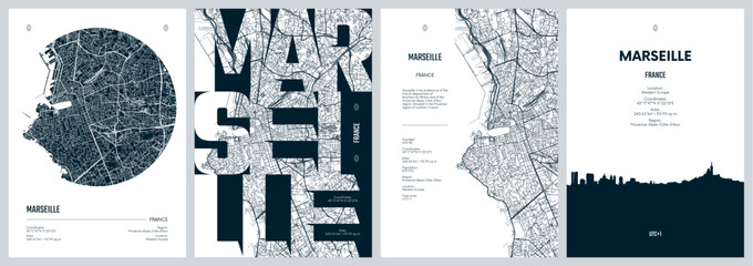Set of travel posters with Marseille, detailed urban street plan city map, Silhouette city skyline, vector artwork © max_776