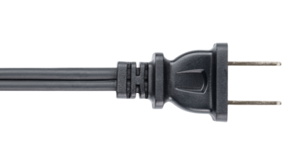 Electrical Wire with Power plug. Black rubber Cord or cable with plug. United States and Canada, national standards voltage 110V - 120V Electrical repairs shop. Replacements parts. Isolated background