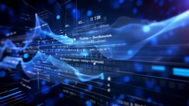 Abstract digital data stream with numbers and graphs, showcasing futuristic technology and information flow in a blue-tinted environment.