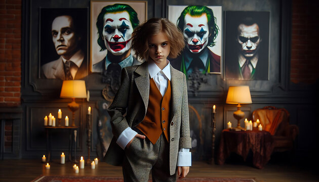  Portrait of a woman in a suit with cloun makeup and colourful hair.Generative AI