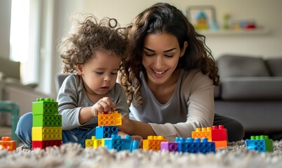 a babysitter assisting a child in building a colorful tower of blocks
