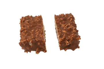 Chocolate coconut wafer bar isolated on white background.