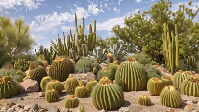 A desert garden with a variety of cacti, including large barrel cactus and tall saguaro.