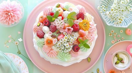   Close-up cake on plate at table with flowers and coffee in background