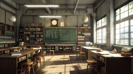 A large, empty classroom with rows of desks and a large chalkboard
