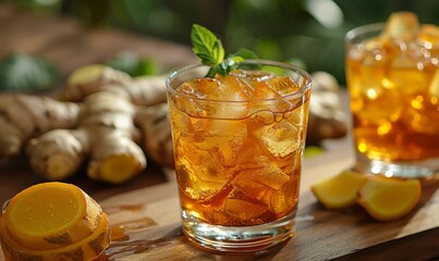 Refreshing homemade ice tea with ginger