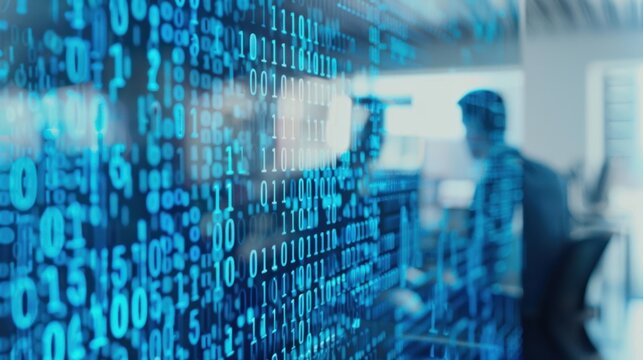 The binary code on the screen