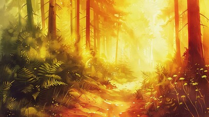 Naklejka premium A painting depicts a forest trail surrounded by tall trees and vibrant flora on both sides