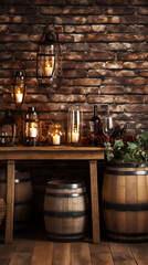 Rustic wine cellar with wooden barrels, candles, and lanterns. Warm lighting and brick walls.
