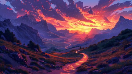 A winding road through majestic mountains under a vibrant sunset sky, artistically depicted.