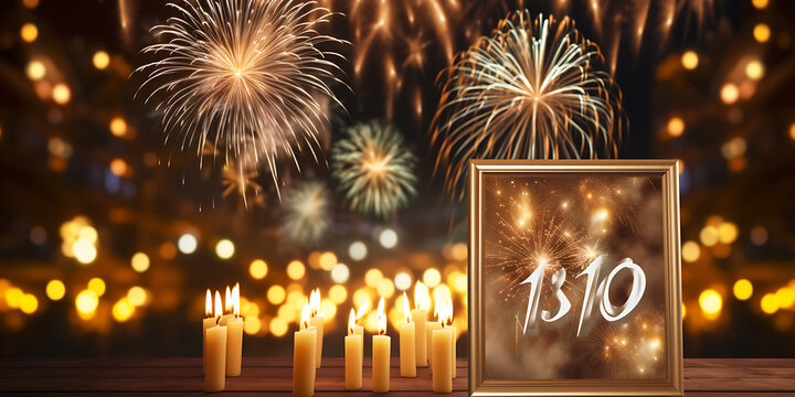 Fireworks light up the night, a framed sign shows the date 1310.