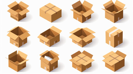 Box line icons set featuring cardboard boxes, mailing packages with arrows, delivery crates, product parcels, and shipping interface symbols.Includes carton packages and transportation cargo illustrai