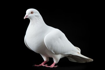 Portrait of a pure white pigeon with striking red feet and eyes, isolated on a dark backdrop