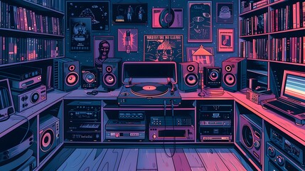 Funky podcast studio with vinyl records, vintage microphones, and groovy colors.