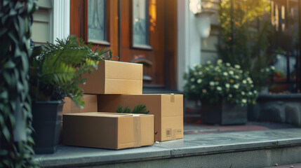 Cardboard boxes delivered to a doorstep.