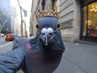 Close-up of a Victoria crowned pigeon wearing a small crown on a city street © Irina Kozel