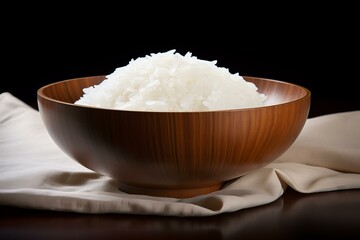 High-quality image of freshly steamed white rice served in an elegant wooden bowl on a dark background