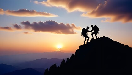 silhouette of the climber helping the other climber for reaching the top of mountain, cloudy sky at sunset time, copy space for text

