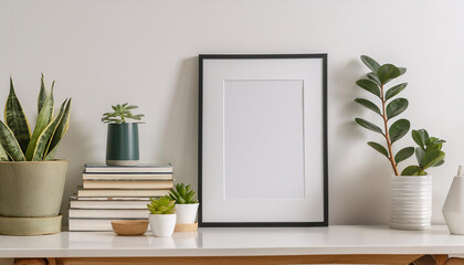 Frame standing on a wooden table against the wall. Scandinavian interior with old books and ceramic pots with succulents and cacti. Beautiful hygge layout and background for painting presentation.