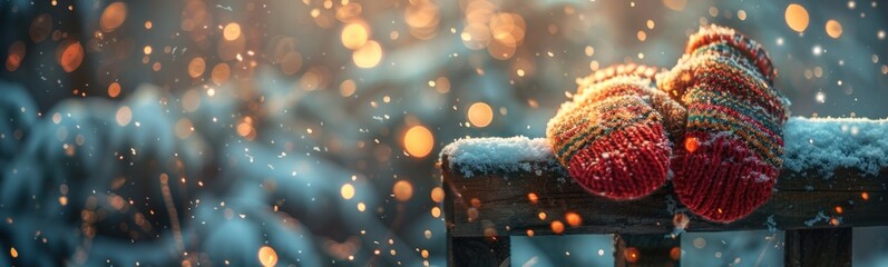 Fototapeta premium Snowy scene of two mittens on a bench in the snow