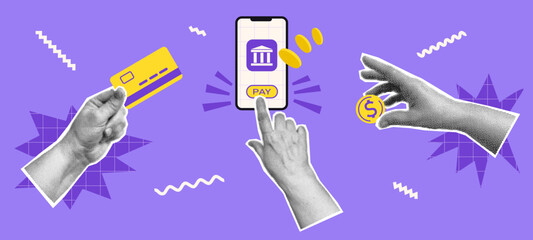 Collage with halftone hands, money, credit card and shapes. Mobile banking and online payment concept vector pop art illustration. Design for infographic, poster, website