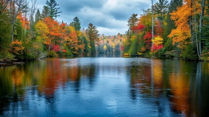 Serene river winding through a dense forest, with vibrant autumn foliage reflecting in the calm waters under a clear sky