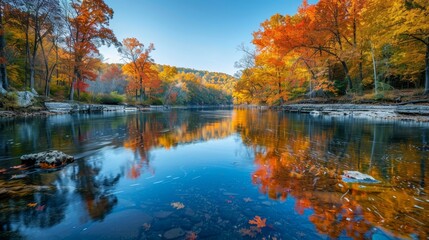 Fototapeta premium Serene river winding through a dense forest, with vibrant autumn foliage reflecting in the calm waters under a clear sky