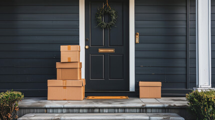 The front entrance of a house, stacked with delivery boxes received from online orders and e-commerce.