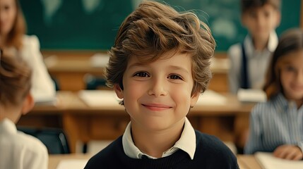 A young boy sits at his desk in a classroom, smiling at the camera