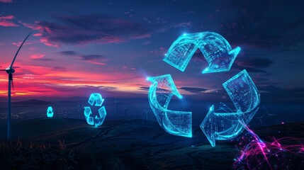 A glowing low-poly infinity loop, windmill, and recycle sign symbolize the futuristic circular economy concept.