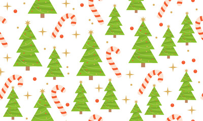 Seamless pattern with Christmas tree and sweet candy. Vector illustration. Seamless pattern with decorated Christmas trees, sweets. Beautiful seamless Christmas pattern