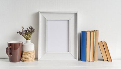 Frame standing on a wooden table against the wall. Scandinavian interior with old books and ceramic pots with succulents and cacti. Beautiful hygge layout and background for painting presentation.