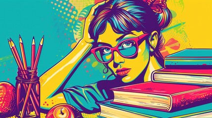 poster with the image of a schoolgirl in pop art style