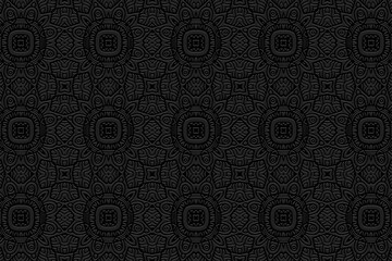 Embossed black background, decorative cover design, banner. Geometric tribal 3D pattern. Ethnic ornaments, arabesques, mandala. Handmade exotic. Motifs of the East, Asia, India, Mexico, Aztec, Peru.