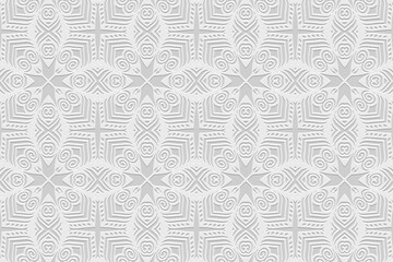 Embossed white background, unique cover design, banner. Geometric tribal 3D pattern. Ethnic ornaments, arabesques, mandala. Handmade exotic. Motifs of the East, Asia, India, Mexico, Aztec, Peru.