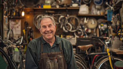 the spirit of a happy repairman in a bustling bicycle shop. The repairman, with a warm smile on his face, poses for a portrait amidst the backdrop of the shop's vibrant atmosphere.