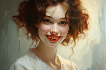 Fototapeta premium Digital painting of a young woman with curly hair and a bright, welcoming smile