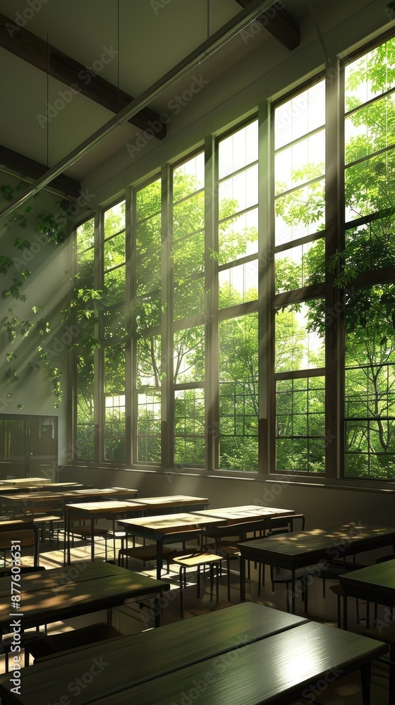 Poster a classroom with rows of empty desks sits beneath a large window overlooking a lush green forest. su