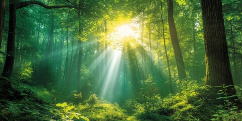 Obraz premium Sun rays shining through a lush green forest creating a serene atmosphere
